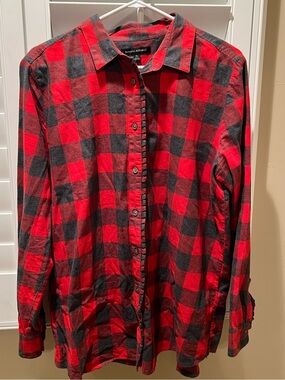 Women’s Banana Republic Red and Dark Gray  Buffalo Plaid Shirt with Ruffles.